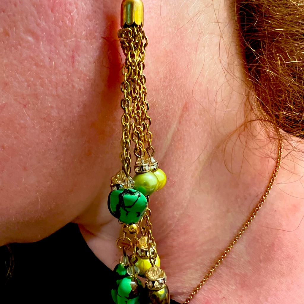Gold Plated Earrings W/ Aventurine Stone And Pearl